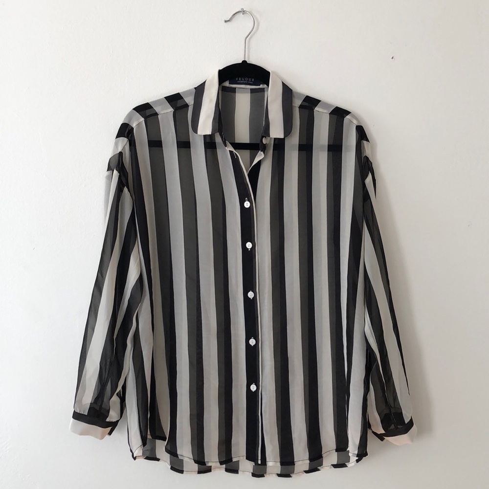 Velour sheer black & white stripe button up blouse